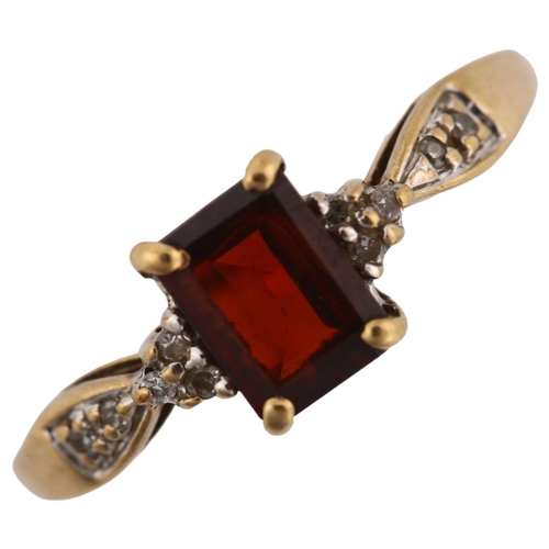 1197 - A modern 9ct gold garnet and diamond dress ring, setting height 7.4mm, size O, 2.1g