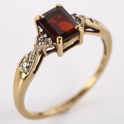 1197 - A modern 9ct gold garnet and diamond dress ring, setting height 7.4mm, size O, 2.1g