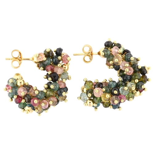 1198 - A pair of 18ct gold vari-hue tourmaline hoop earrings, with stud fittings, earring diameter 25.5mm, ... 