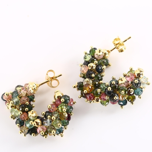 1198 - A pair of 18ct gold vari-hue tourmaline hoop earrings, with stud fittings, earring diameter 25.5mm, ... 