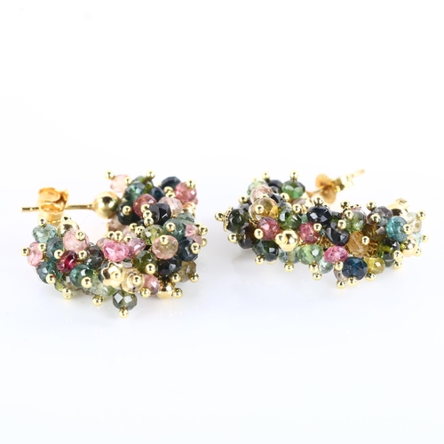 1198 - A pair of 18ct gold vari-hue tourmaline hoop earrings, with stud fittings, earring diameter 25.5mm, ... 