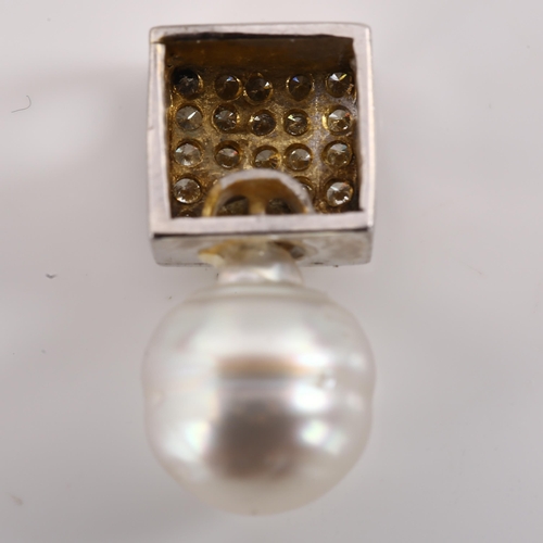 1199 - A modern freshwater pearl and diamond panel pendant, unmarked white metal settings test as 14ct, pen... 