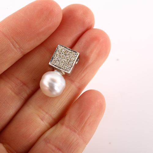 1199 - A modern freshwater pearl and diamond panel pendant, unmarked white metal settings test as 14ct, pen... 