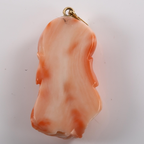 1204 - A Chinese coral Shoulau God head pendant, unmarked gold mount, pendant height 45.5mm, 9.6g