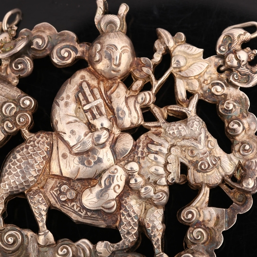 1370 - A large Chinese export silver Qilin amulet pendant, double-sided relief embossed decoration depictin... 