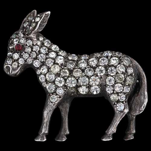 1371 - An Antique sterling silver paste figural donkey brooch, of 3-dimensional form, brooch length 32mm, 1... 