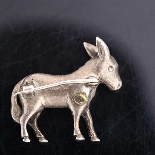 1371 - An Antique sterling silver paste figural donkey brooch, of 3-dimensional form, brooch length 32mm, 1... 