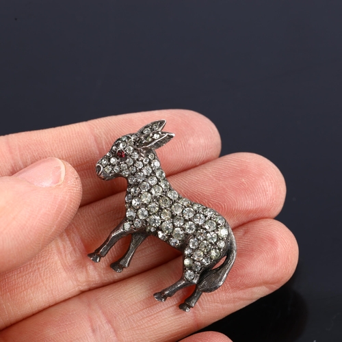 1371 - An Antique sterling silver paste figural donkey brooch, of 3-dimensional form, brooch length 32mm, 1... 