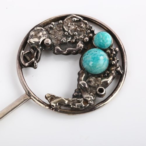 1377 - SVEINUNG LUND - a large Danish sterling silver amazonite abstract pendant, openwork organic form, pe... 