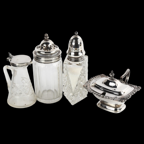 1518 - Various silver and plate, comprising silver-mounted glass Whisky noggin, 2 silver-mounted glass powd... 