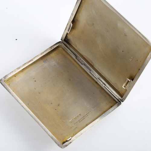 1524 - An Art Deco George V silver pictorial cigarette case, rectangular form with allover engine turned de... 