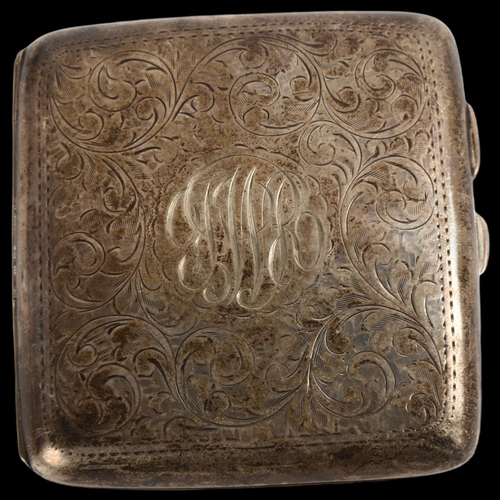 1525 - A George V curved silver cigarette case, allover engraved foliate decoration, by J & R Griffin Ltd, ... 