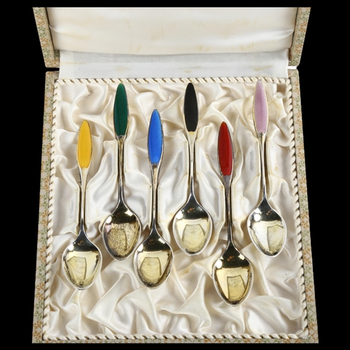 1529 - FRIGAST - a set of 6 Danish vermeil sterling silver and harlequin enamel coffee spoons, length 9.5cm