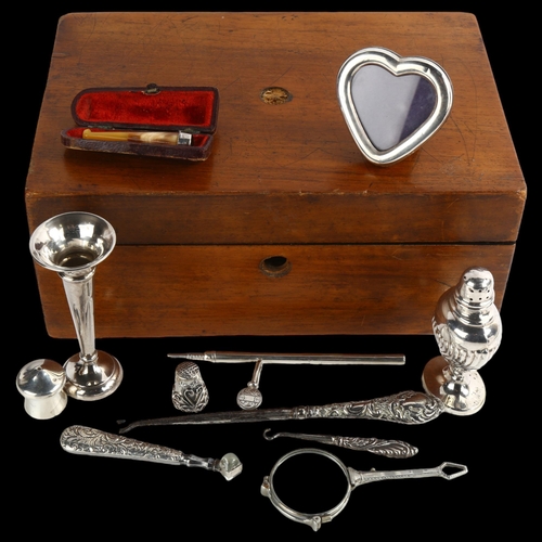 1534 - Various silver and plate, including silver-handle magnifier, thimble etc