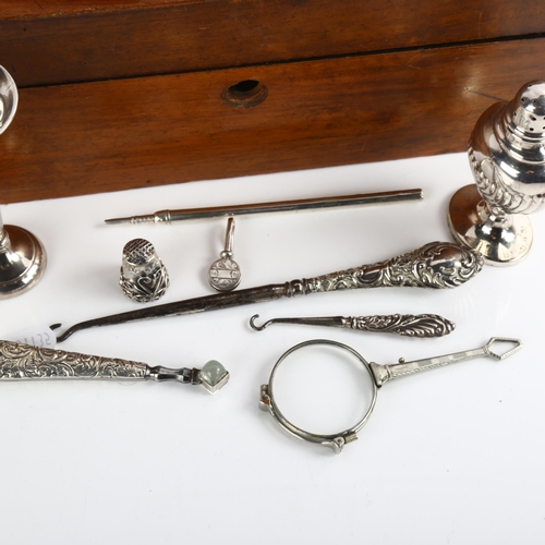 1534 - Various silver and plate, including silver-handle magnifier, thimble etc