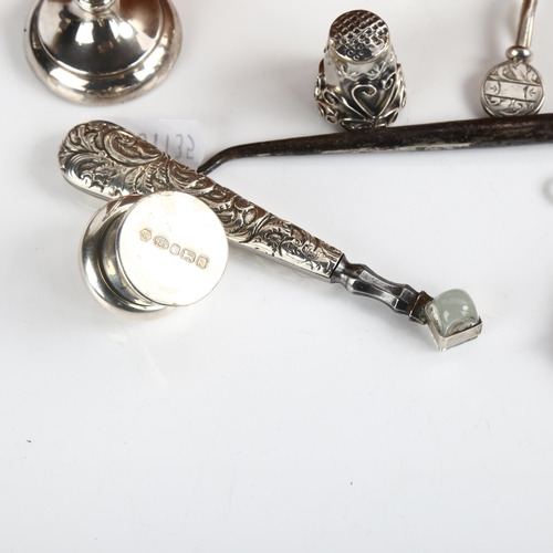 1534 - Various silver and plate, including silver-handle magnifier, thimble etc