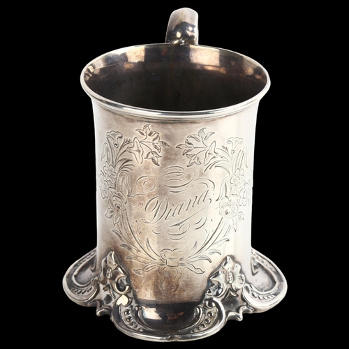 1536 - A Victorian silver half pint mug, with foliate splayed base and engraved floral cartouche, by Henry ... 