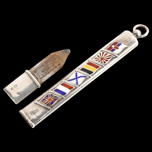 1545 - A First World War Period George V silver and enamel Allied Forces military pencil, with applied flag... 