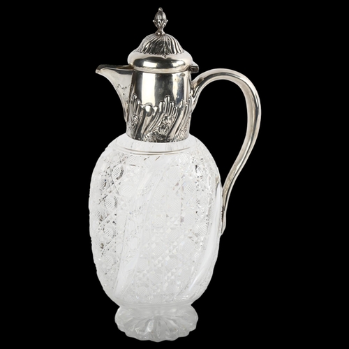 1553 - A Victorian silver-mounted glass Claret jug, with half fluted decoration and hobnail body, by Plante... 