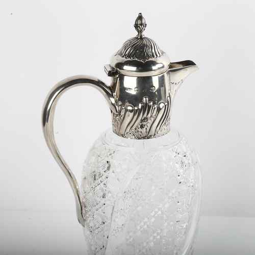 1553 - A Victorian silver-mounted glass Claret jug, with half fluted decoration and hobnail body, by Plante... 