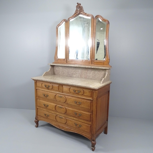 2016 - A French oak and marble-topped dressing chest, with raised mirror back, two short and three long dra... 