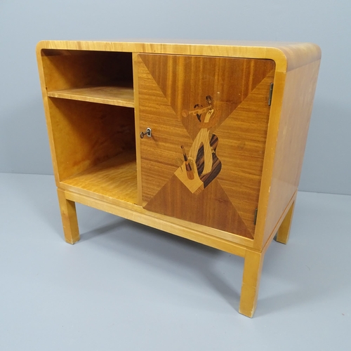 2018 - A Swedish modernist Art Deco cabinet in birch, with marquetry musician to door. 65x63x40cm