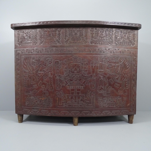 2020 - A mid-century Peruvian tooled leather clad bar, with embossed Aztec design. 143x109x61cm