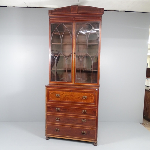 2022 - A Regency mahogany and satinwood strung two-section secretaire-bookcase. 100x242x52cm. The upper sec... 