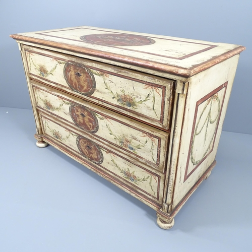 2042 - An antique continental painted chest of three drawers. 136x92x66cm