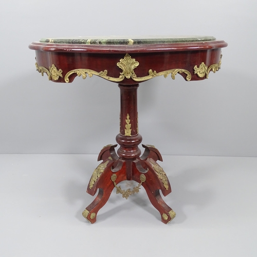 2049 - A continental style mahogany and marble topped occasional table, with brass mounts. 78x77x60cm.