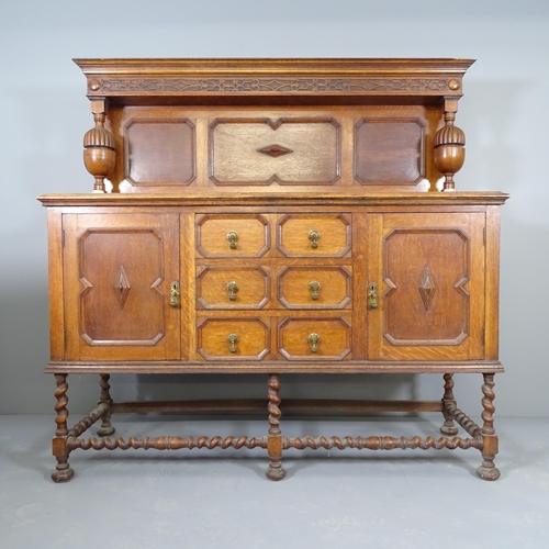 2504 - A Jacobean-style oak two-section dresser, with carved decoration and barley twist stretchers. 152x14... 