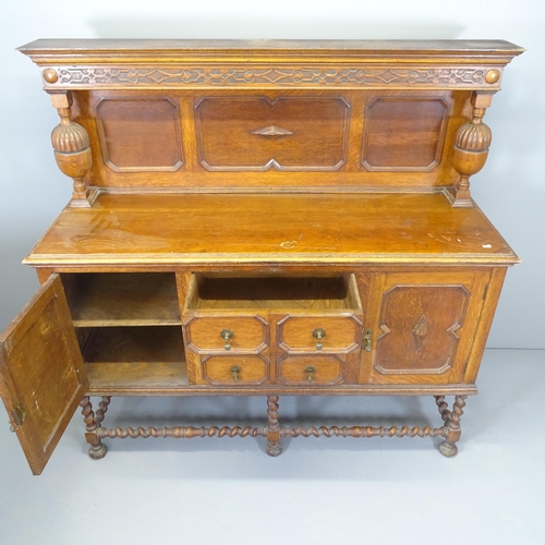 2504 - A Jacobean-style oak two-section dresser, with carved decoration and barley twist stretchers. 152x14... 