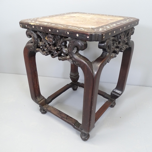 2505 - A Chinese hardwood square occasional table with inset marble top, mother of pearl inlay and carved a... 