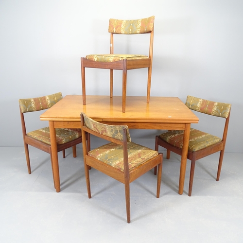 2515 - A mid-century teak draw-leaf dining table, 124 (extending to 218)x74x82cm, and four matching chairs.