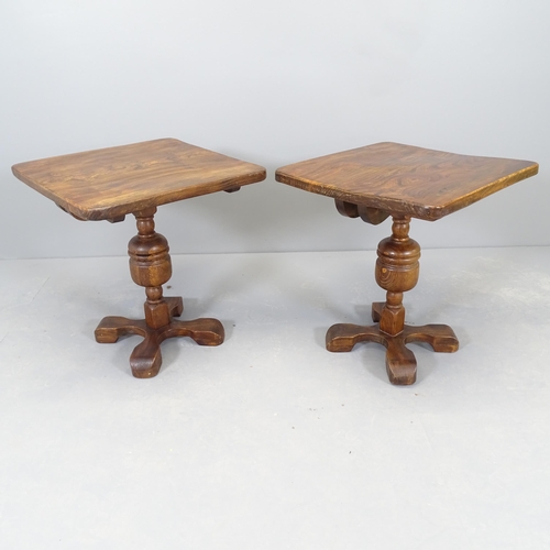 2526 - A pair of oak square top occasional tables, raised on baluster turned centre column with platform ba... 