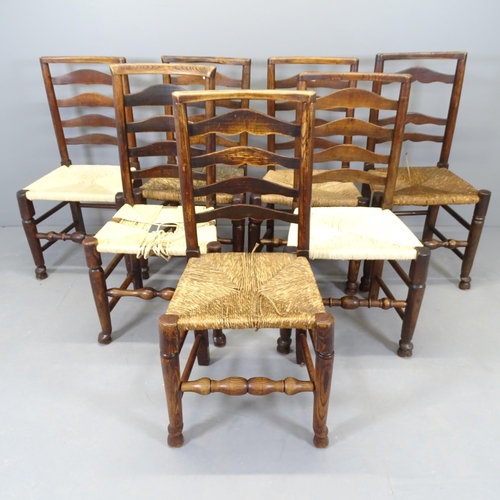 2559 - A matched set of seven oak and elm rush seated ladder back dining chairs.