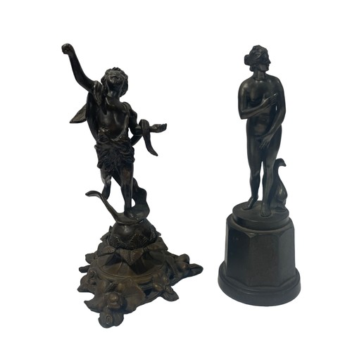 88 - A small Classical bronze nude on white metal plinth, and another reproduction bronze figure