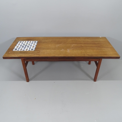 2133 - A mid-century rosewood veneered coffee table, with inset tile panel. 150x52x60cm