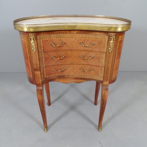 2561 - A French kingwood and marble topped kidney-shaped bedside chest of three drawers, with brass gallery... 