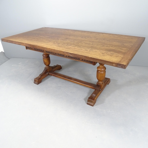 2580 - An antique oak refectory dining table, raised on baluster turned legs with H-shaped stretcher. 183x7... 