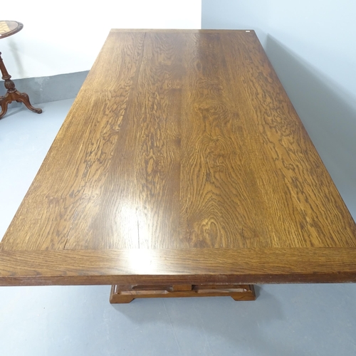 2580 - An antique oak refectory dining table, raised on baluster turned legs with H-shaped stretcher. 183x7... 