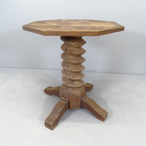 2591 - A French oak octagonal topped occasional table, on spiral-turned elm column. 62x68cm