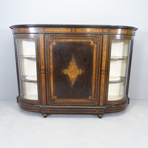 2592 - A Victorian ebonized and satinwood strung bow-end credenza, with glazed doors, inlaid walnut panels ... 