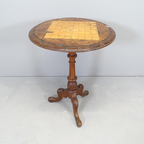 2601 - A Victorian mahogany occasional table, with burr walnut and satinwood inlaid games top. 51x67cm