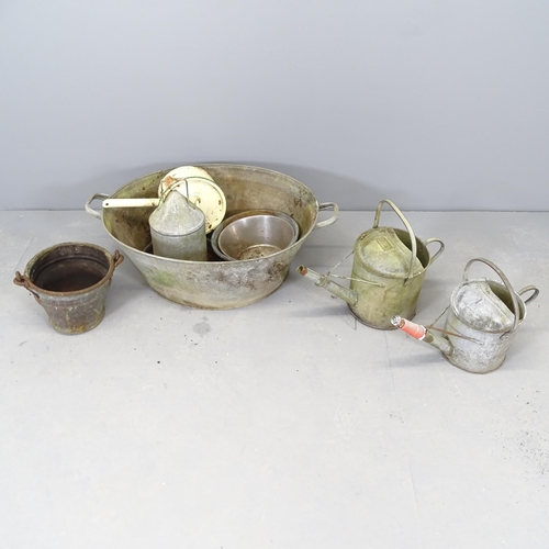 2618 - A group of galvanised items, including a wash tub, 78x26x54cm watering cans etc. (9)