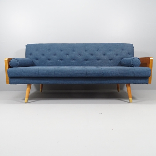 2074 - A Mid-century Danish style teak and upholstered three-seater sofa. Overall 183x84x72cm.