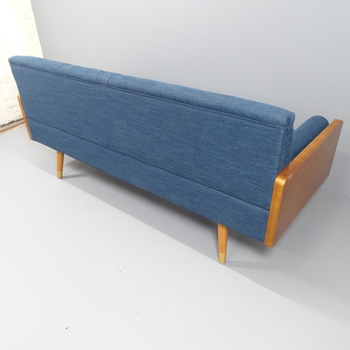 2074 - A Mid-century Danish style teak and upholstered three-seater sofa. Overall 183x84x72cm.