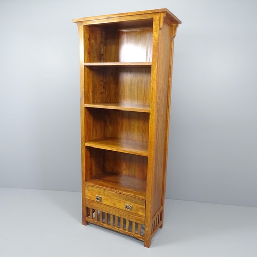 2080 - A modern hardwood open bookcase with three adjustable shelves and drawer under. 75x170x35cm