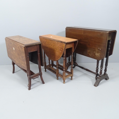 2090 - A small antique burr walnut-veneered Sutherland drop leaf table, 60x52x17cm, and two others (3)