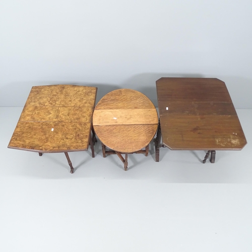 2090 - A small antique burr walnut-veneered Sutherland drop leaf table, 60x52x17cm, and two others (3)